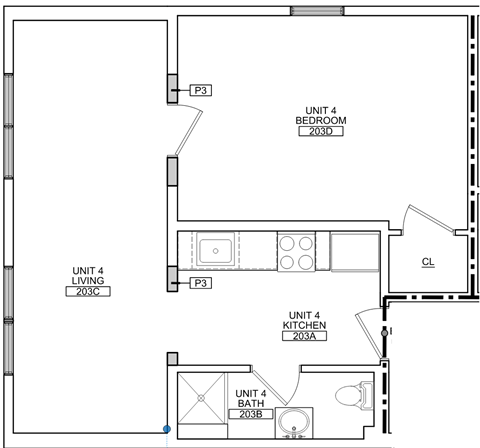 Floor plan for 1 bed, 1 bath, 480 sqft